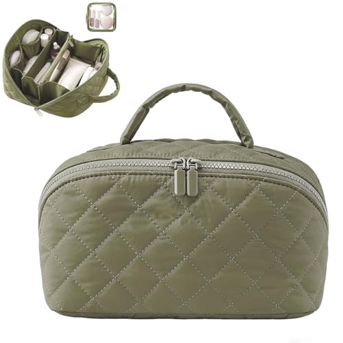 Ikokei Puffy Quilted Travel Makeup Bag with Brush & Handle
