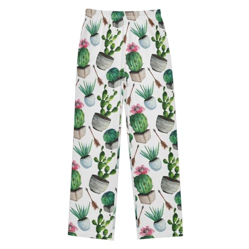 Cacti Succulent Floral Boys Long Pants Soft Trousers Elastic Waist Kids Lounge Bottoms with Pockets S-XL