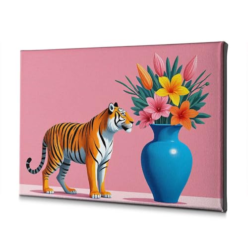Tableau décoratif sur toile salon tigre vase fleurs déco murale