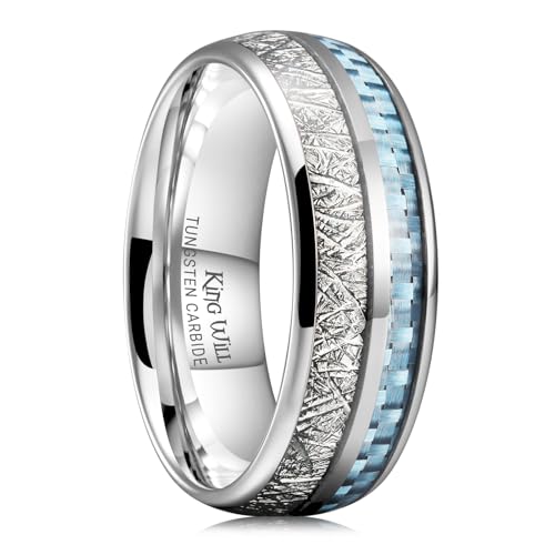 King Will 8mm Tungsten Rings for Men Imitated Meteorite Carbon Fiber Inlay Mens Silver Wedding Band Engagement Promise Ring Polished Domed Style Comfort Fit, Light Blue Size 10