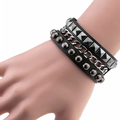 Perfect 4U HEART+PENDENT1992 Rivet Bracelet Multilayer Black Leather Cuff Heart Pendant Bangle Studded Chain Wrist Punk Sports Rock Bracelet Adjustable thumb #6