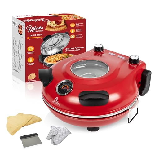 YIBAKE Horno Pizza Electrico en 4 Minutos, Placa de Piedra Refractaria Desmontable, Temperatura Hasta 420℃, Ventana de Visualización, Pala de Pizza, Raspador, Recetario incluido Negro Rojo