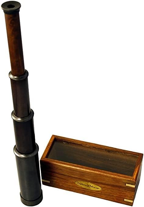 15" Hand Held Antique Black Finish Brass Telescope with Wood Box - Nautical Captain