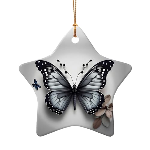 Christmas Ceramic Ornament Cute Star Or Heart Hanging Decor Xmas Tree Home Decor Gray Teal Flower Butterfly Print