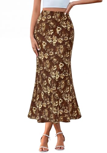 BTFBM Satin Skirts for Women Trendy Spring Summer 2026 High Waisted Leopard Print Cocktail Wedding Long Silk Midi Skirt(Floral Brown Yellow, Small)