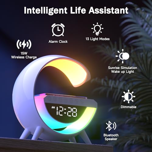 Atmosphere Lamp with Wireless Charger, 15W Led Alarm Clock Dimmable Ambient Light Smart Table Lamp with Bluetooth Speaker Dazzling Running Lights 13 Modes Lights for Adults Kids Office Bedroom
