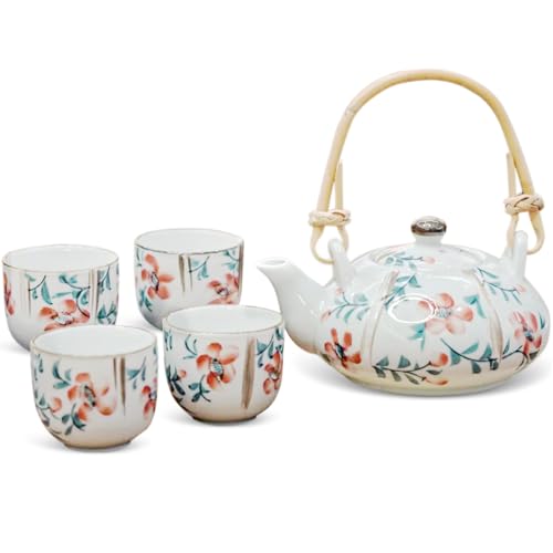 Keramik Teekanne mit Rattanstiel und 4 Tassen, Japanische Teekanne...