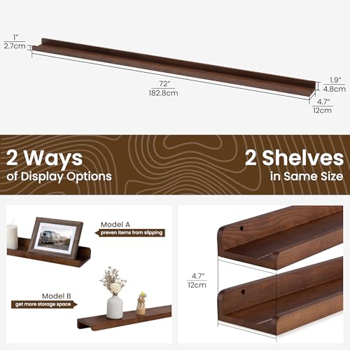FLYJOE 72 Inch Floating Shelves for Wall | Wood Picture Ledge Shelf Set of 2 | Solid Ash Wood Floating Shelves with Lip | Picture Shelf for Wall with Ledge | Photo Ledge Shelves