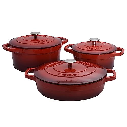 ProCook Enamel Dutch Oven Set with Lids - 3 Piece 20/24/28cm, Round Cast Iron Casserole Dishes - Red, Induction Compatible Cookware