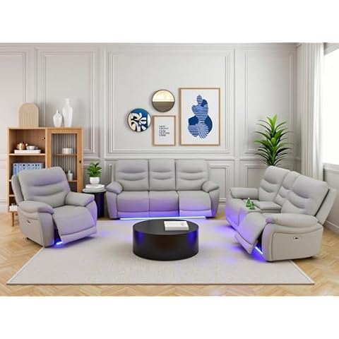 AYCP Furniture Power Recliner Sofa Set with LED Lights,Air Leather Reclining Sofa with Charge Port/Storage Console/Cup Holder for Living Room/Office/Home Theater (Grey, Air Leather, 3-PC Set) Cover