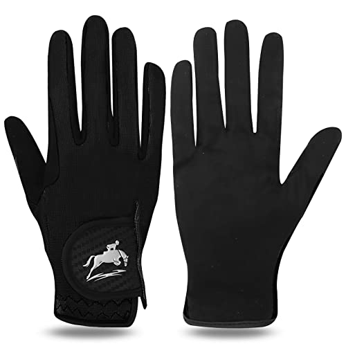 Horse Riding Gloves for Women Kids Girls Equestrian Enhanced Grip Gloves Value 1 Pair, Ladies Youth Protection Stretchable Lightweight Comfortable Breathable Gloves (Womens-Black, Medium) by FINGER TEN - Used condition - CA$14.87
