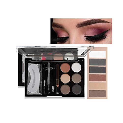 Kit de Polvos Para Cejas 6 Colores, Lápiz de Cejas Marrón, Pincel y Plantilla Cejas en uno, Kit Ideal Maquillaje Cejas (01)