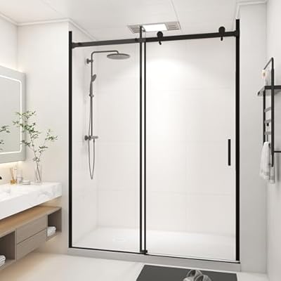 56-60”W x 76" H Upgraded Single Sliding Frameless Shower Door, Frameless Shower Door with Explosion-Proof Film and Nano Coating, 1/4” (6MM) SGCC Tempered Glass, Matte Black Finish