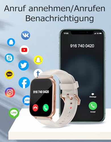 RUIMEN Smartwatch mit Telefonfunktion,Smartwatch für Damen Herren 1.85'' HD Screen Fitnessuhr mit SpO2-Überwachung Pulsuhr Schlafmonitor Schrittzähler Uhr 110+ Trainingsmodi für Android iOS (2 Bänder)