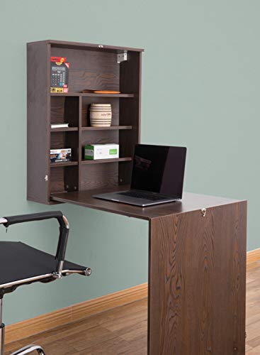 Image of Basicwise Wall Mount Laptop Fold-Out Desk with Shelves, Brown,