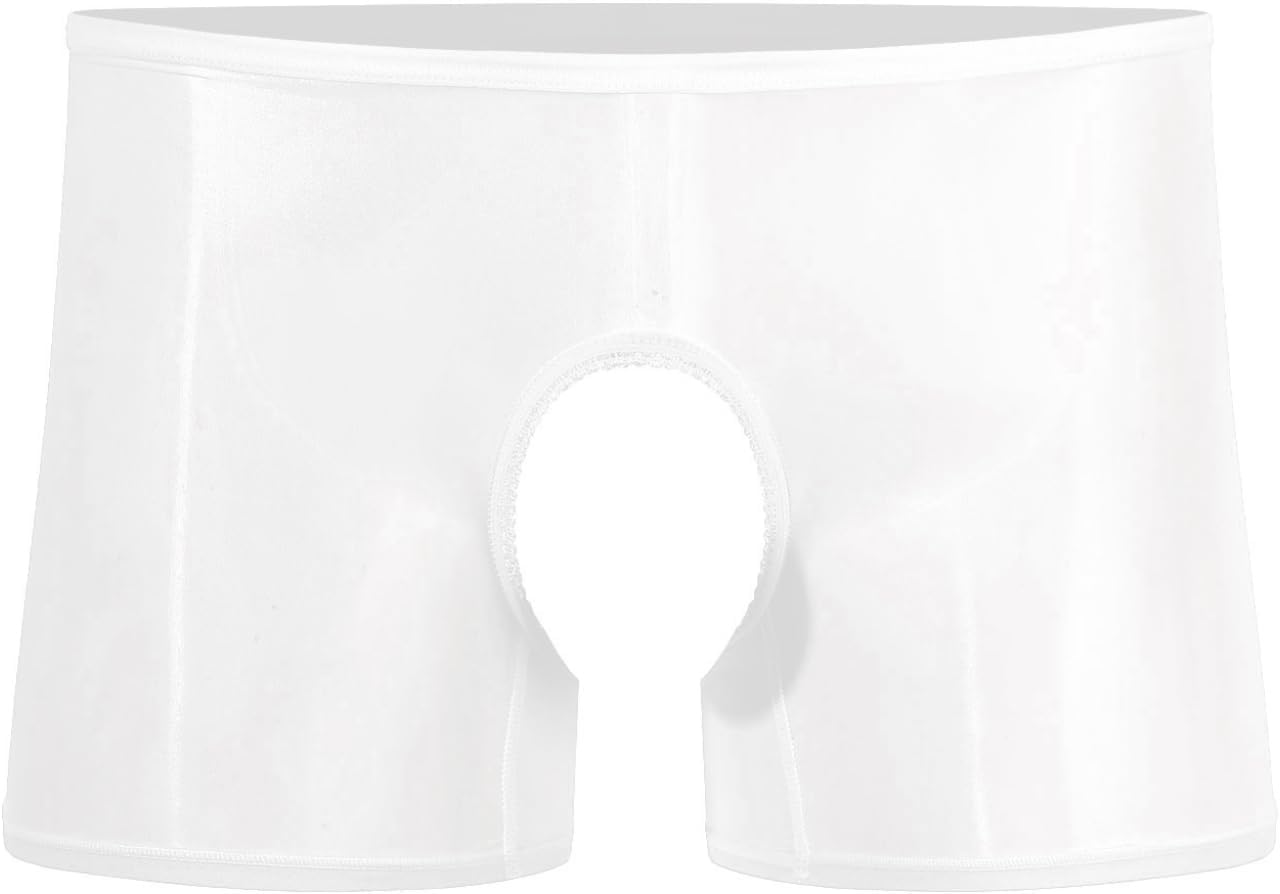 Sholeno Mens Underwear Oil Glossy See Through Open Crotch Boxer Briefs Low Rise Square Leg Boyshorts