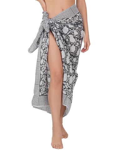 100% Cotton Hand block Sarong Beach Pareo -Your Perfect Summer Cover up Swimwear Companion Wrap Skirt In Summer (Black-White Flower)