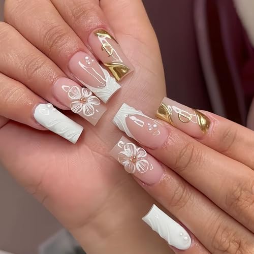 plalely Press on Nails French Tip, Handmade Acrylic Press on French Tip Nails with Flower Designs，Long Square Nail Press Ons for Women 24pcs