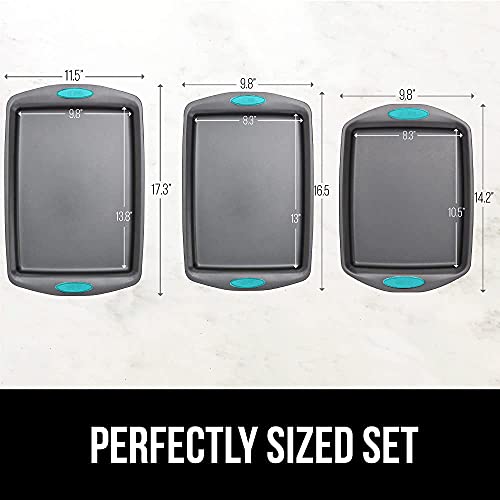 Gorilla Grip Non Stick Jelly Roll Baking Pans, Thick Warp Proof, 3 Piece, Durable Silicone Handles, Kitchen Oven Pan Bakeware Set, Cooking, Roasting Sets, Easy Clean, Set of 3, Turquoise