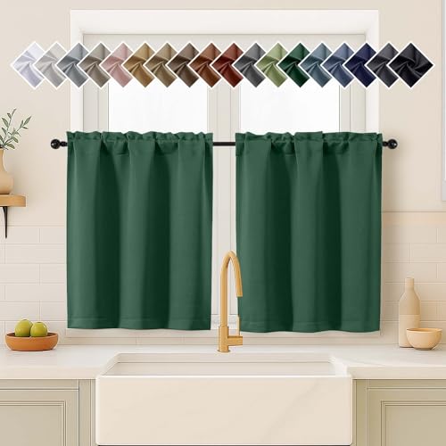 Image of Kitchen Curtains for Small Window Treatment, Light Filtering Short Cafe Curtains Over Sink, Half Window Drapes Tier for Bedroom Bathroom Rod Pocket, 2x40Wx36L Inches, Ever Green