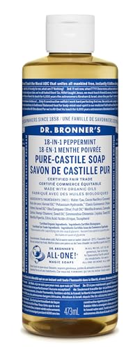 Dr Bronner's 18-in-1 Peppermint Pure-Castile Liquid Soap, Made with Organic Oils, Used for Face, Body, Hair, Laundry, Pets and Dishes, Certified Fair Trade & Vegan Friendly, 473ml Recycled Bottle