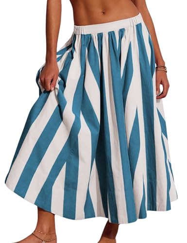 Hongsui Women's A Line Rainbow Striped Maxi Skirt Elastic Waist Flowy Beach Vacation Summer Skirt (Blue-M)