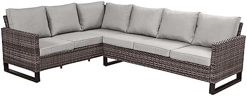Belord Outdoor Sectional Sofa 6 Seater L Shaped Couch Wicker Patio Conversation Furniture Set Rattan Outdoor Furniture with Removable Washable Cushion Beige