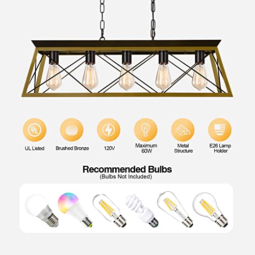 Ledsyonda 5 Light Farmhouse Chandeliers For Dining Room, Metal Rustic Pendant Island Light Fixture, Modern Rectangular Island Lights For Kitchen, Living Room, Dining Room, Bronze #TOP3