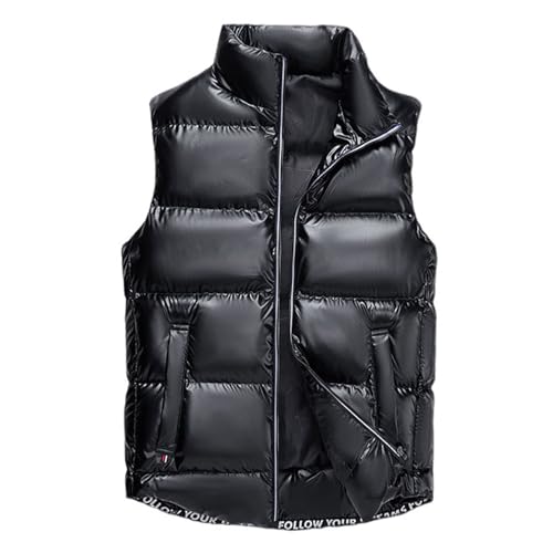 GIBZ Men's Shiny Puffer Vest Sleeveless Quilted Jacket with Pockets Zipper Warm for Outdoor Winter, Black, L