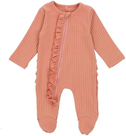 Kuriozud Newborn Baby Girl Boy Zipper Footie Pajamas Ruffle One Piece Romper Jumpsuit Sleeper (Pink Zipper Footie, 0-3 Months)