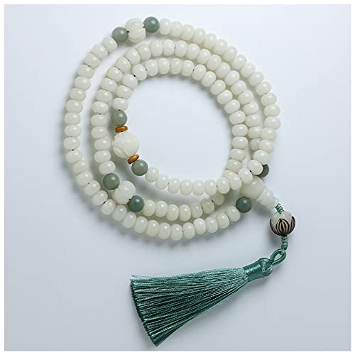 Lllunimon Natural White Bodhi 108 Beaded Bracelet Necklace Bodhi Root Lotus Tassel Buddha Rosary for Mala Medition Chanting