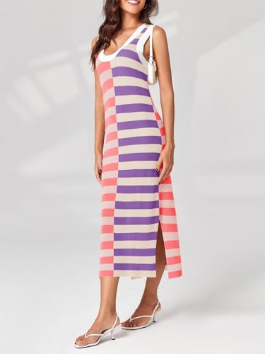 Image of Wenrine Womens Summer Striped Dress Sleeveless Knitted Contrast Color Side Slit Casual Maxi Beach Dress