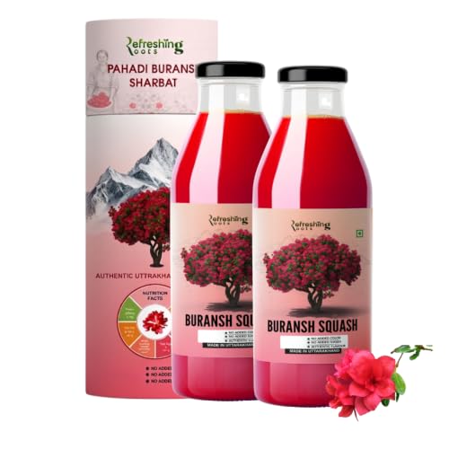Image of REFRESHING ROOTS Uttarakhand Premium Buransh (Rhododendron) Squash, 600 ML Glass Bottle | Cold Pressed | Natural Health Drink | Added Honey | No Artificial Flavors | Rich in Antioxidants | Glass Bottle (300 ML * 2)