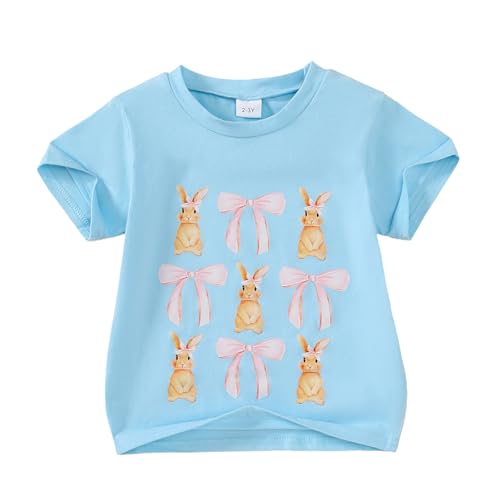 Little Girl Easter Outfit Cute Bunny Tee Shirt Top Short Sleeve Clothes 2-7 Years Blue