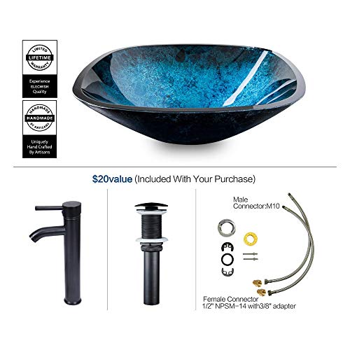 Puluomis 24 Inch Bathroom Vanity, Modern Stand Pedestal Cabinet, Wood Black Fixture With 2 Doors, Blue Square Glass Sink Top With Single Faucet Hole #TOP4