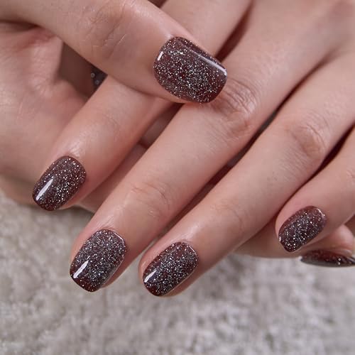 Image of CurvLife Extra Short Square Press On Nails, Brown, Cocoa Stardust, Soft Gel