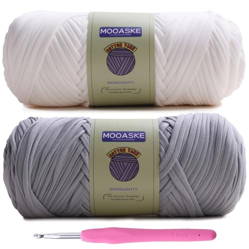 Image of Mooaske 2 Pack T-Shirt Crochet Yarn for DIY Knitting Crochet Cloth Blanket Bag Dolls - 400g Chunky Thick Yarn for Crocheting with Polyester-Spandex Blend Elastic Fabric (White+Gray)