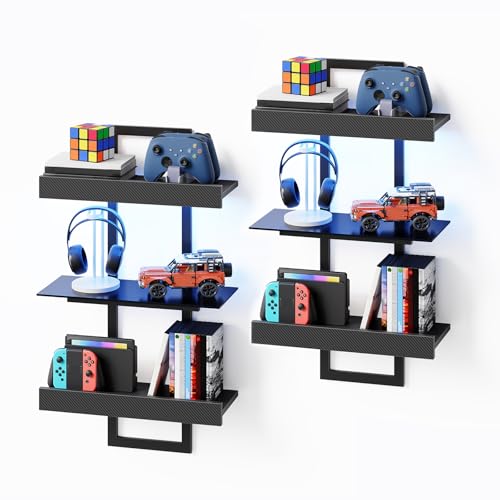 MAHANCRIS Led Gaming Floating Shelves Set of 2, 3-Tier Wall Mounted Shelf, Hanging Display Rack with Laser Pattern, E-Sports Decor Shelf with Glass for Gaming Room, Bathroom, Black FSHS90K01S2