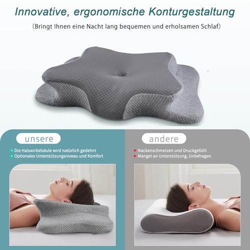 CHxxy Memory Foam Kissen 2in1,Ergonomisches Nackenkissen gegen Nackenschmerzen, atmungsaktiv,hautfreundlich,mit kühlendem Bezug–Kontur Bettkissen für Seiten-, Rücken-&Bauchschläfer,Vollgrau