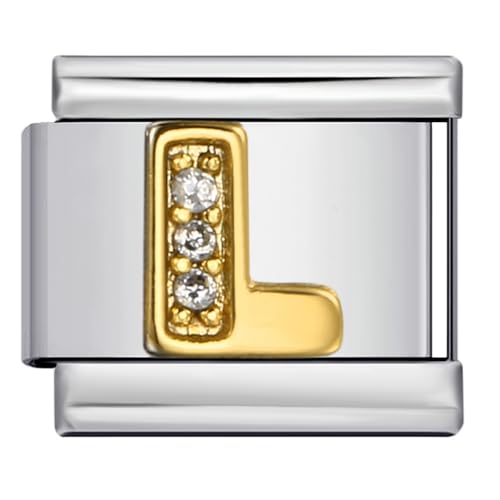 Image of Mon & Sons L Crystal 18k Letter Initial Name Tag Alphabet Personalised Birthday Silver Italian 9mm Link Stainless Steel Bracelet Charm Compatible With 9mm Link