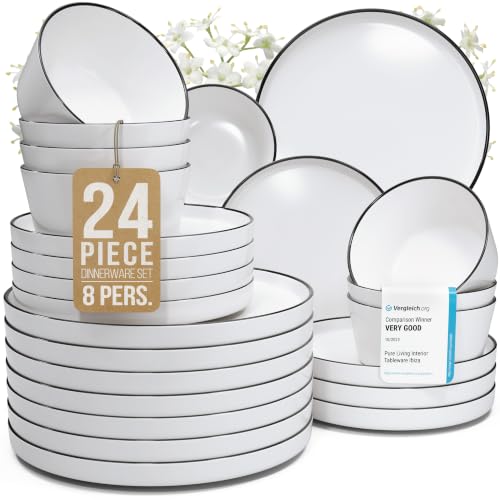 Image of 24 Piece Porcelain Dinnerware Set for 8, Handmade Plates and Bowls Set | Scandinavian Ceramic Dinner Set, Dishwasher & Microwave Safe Dish Set, Chip & Scratch Resistant Dishware Set, Scandi White