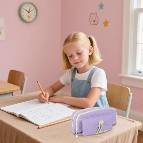 Image of Canvas School Bag Pencil Case, 3 Layer 6 Compartment Large Capacity, Aesthetic Pencil Pouch for Stationary, Cute Stationery for Kids, Pencil Case for Girls & Boys (Our Timer P)