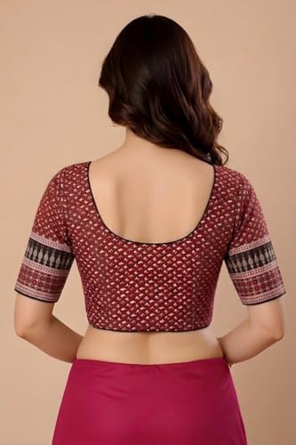 Image of Amazon Brand - Anarva Women's Printed Cotton Saree Blouse | Traditional Round Neck Elbow Sleeve Princess Cut Piping Blouse for Women | Ethnic Readymade Strechable Blouse