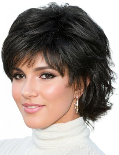 TISHINING Layered Short Black Curly Wigs for Women Pixie Cut Natural Black Heat Synthetic Wig with Bangs Lightweight Daily Wear Wig
