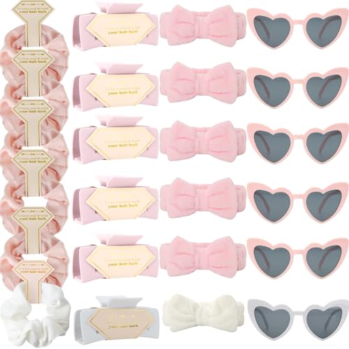 Tethzeng Bridesmaid Scrunchies Proposal Gifts Bachelorette Hair Claws Clips women heart sunglasses for Wedding Party Favors (White&Pink headband 24pcs)