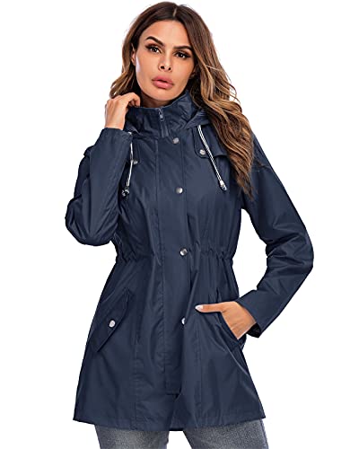 Veste longue imperméable à capuche pour femme - Séchage rapide - Coupe-vent - Imperméable, bleu marine, S Cover