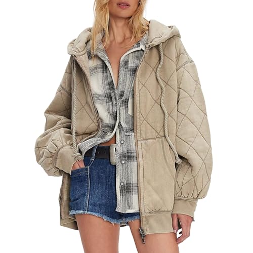 Women Quilted Puffer Jacket Hooded Lightweight Long Sleeve Zip Up Winter Coat Oversized Outwear Warm Tops with Pocket