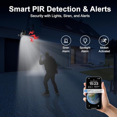 HXVIEW Smart PIR Detection & Alerts feature showing a person triggering a siren and spotlight alarm