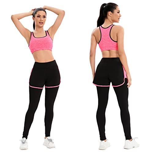 Zetiy Tute Da Ginnastica Donna Set, 5 Pezzi Abbigliamento Sportivo Donna Per Pilates Yoga Jogging Gym Workout Ginnastica Include Manica Lunga E Corta, Pantaloni, Reggiseno - Rosa Rossa - M - 3