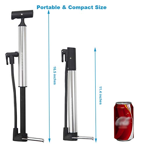 Kitbest Bike Pump, Aluminum Alloy Portable Bike Floor Pump, Mountain, Road, Hybrid & BMX Bike Tire Pump, Floor Bicycle Air Pump Compatible with Presta & Schrader Valve & Sports Ball (Silver)